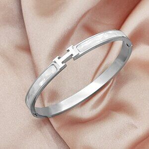 Titanium Steel Luxury H Bangle, Pearly White Inlay, Hinge Opening